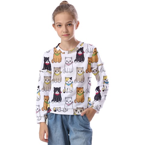 Cat Kitten Seamless Pattern Kids  Long Sleeve Tee With Frill  by Salman4z