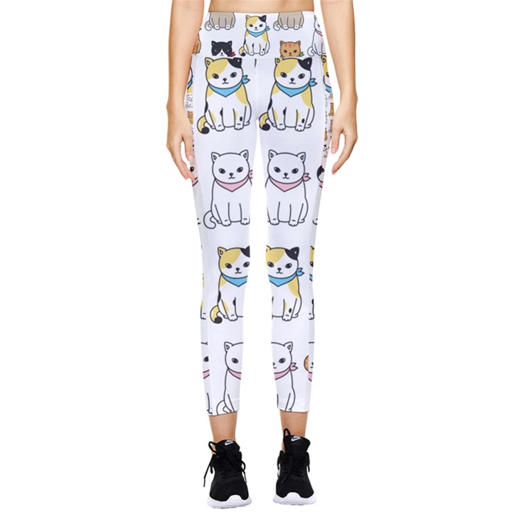 Cat Kitten Seamless Pattern Pocket Leggings 