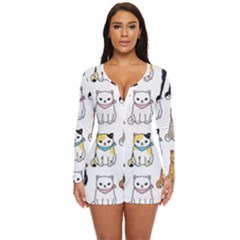 Cat Kitten Seamless Pattern Long Sleeve Boyleg Swimsuit by Salman4z