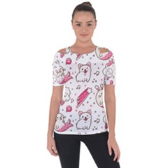 Cute Animal Seamless Pattern Kawaii Doodle Style Shoulder Cut Out Short Sleeve Top by Salman4z