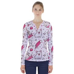 Cute Animal Seamless Pattern Kawaii Doodle Style V-neck Long Sleeve Top by Salman4z