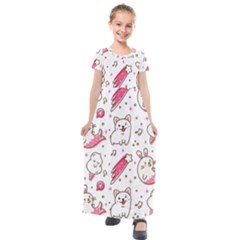 Cute Animal Seamless Pattern Kawaii Doodle Style Kids  Short Sleeve Maxi Dress by Salman4z