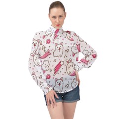 Cute Animal Seamless Pattern Kawaii Doodle Style High Neck Long Sleeve Chiffon Top by Salman4z