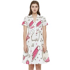 Cute Animal Seamless Pattern Kawaii Doodle Style Short Sleeve Waist Detail Dress by Salman4z