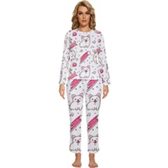 Cute Animal Seamless Pattern Kawaii Doodle Style Womens  Long Sleeve Lightweight Pajamas Set by Salman4z