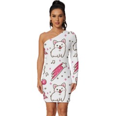 Cute Animal Seamless Pattern Kawaii Doodle Style Long Sleeve One Shoulder Mini Dress