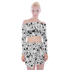 Seamless-pattern-with-black-white-doodle-dogs Off Shoulder Top With Mini Skirt Set by Salman4z