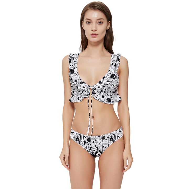 Seamless-pattern-with-black-white-doodle-dogs Low Cut Ruffle Edge Bikini Set