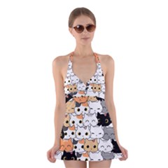 Cute-cat-kitten-cartoon-doodle-seamless-pattern Halter Dress Swimsuit  by Salman4z