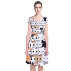 Cute-cat-kitten-cartoon-doodle-seamless-pattern Short Sleeve Front Wrap Dress by Salman4z