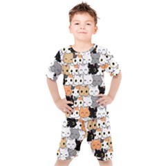 Cute-cat-kitten-cartoon-doodle-seamless-pattern Kids  Tee And Shorts Set by Salman4z