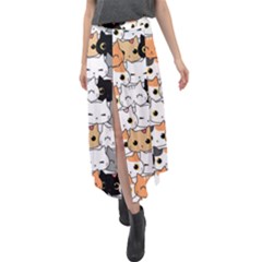 Cute-cat-kitten-cartoon-doodle-seamless-pattern Velour Split Maxi Skirt by Salman4z