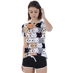 Cute-cat-kitten-cartoon-doodle-seamless-pattern Short Sleeve Open Back Tee by Salman4z