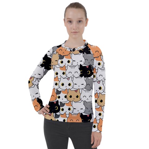 Cute-cat-kitten-cartoon-doodle-seamless-pattern Women s Pique Long Sleeve Tee by Salman4z