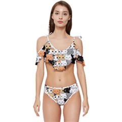 Cute-cat-kitten-cartoon-doodle-seamless-pattern Ruffle Edge Tie Up Bikini Set	 by Salman4z