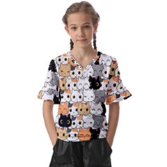 Cute-cat-kitten-cartoon-doodle-seamless-pattern Kids  V-neck Horn Sleeve Blouse by Salman4z