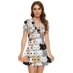 Cute-cat-kitten-cartoon-doodle-seamless-pattern V-neck High Waist Chiffon Mini Dress by Salman4z