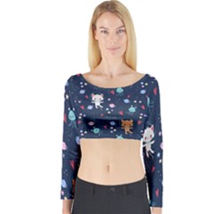 Cute-astronaut-cat-with-star-galaxy-elements-seamless-pattern Long Sleeve Crop Top by Salman4z