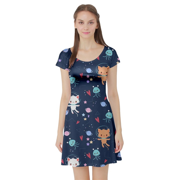 Cute-astronaut-cat-with-star-galaxy-elements-seamless-pattern Short Sleeve Skater Dress