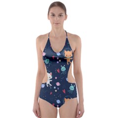 Cute-astronaut-cat-with-star-galaxy-elements-seamless-pattern Cut-out One Piece Swimsuit by Salman4z