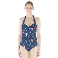 Cute-astronaut-cat-with-star-galaxy-elements-seamless-pattern Halter Swimsuit by Salman4z