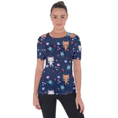 Cute-astronaut-cat-with-star-galaxy-elements-seamless-pattern Shoulder Cut Out Short Sleeve Top by Salman4z