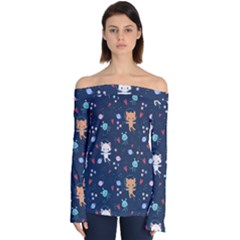 Cute-astronaut-cat-with-star-galaxy-elements-seamless-pattern Off Shoulder Long Sleeve Top by Salman4z