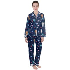 Cute-astronaut-cat-with-star-galaxy-elements-seamless-pattern Women s Long Sleeve Satin Pajamas Set	 by Salman4z