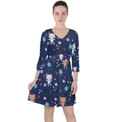 Cute-astronaut-cat-with-star-galaxy-elements-seamless-pattern Quarter Sleeve Ruffle Waist Dress by Salman4z