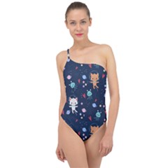 Cute-astronaut-cat-with-star-galaxy-elements-seamless-pattern Classic One Shoulder Swimsuit by Salman4z