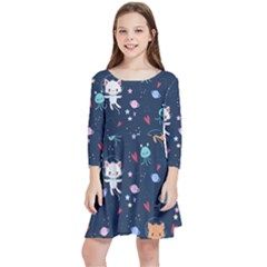 Cute-astronaut-cat-with-star-galaxy-elements-seamless-pattern Kids  Quarter Sleeve Skater Dress by Salman4z