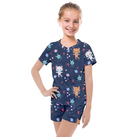 Cute-astronaut-cat-with-star-galaxy-elements-seamless-pattern Kids  Mesh Tee And Shorts Set by Salman4z