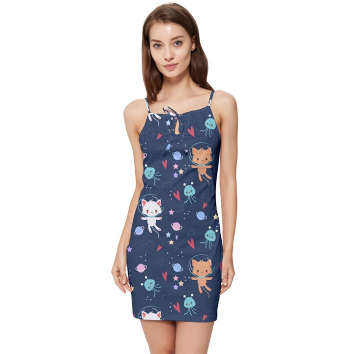 Cute-astronaut-cat-with-star-galaxy-elements-seamless-pattern Summer Tie Front Dress