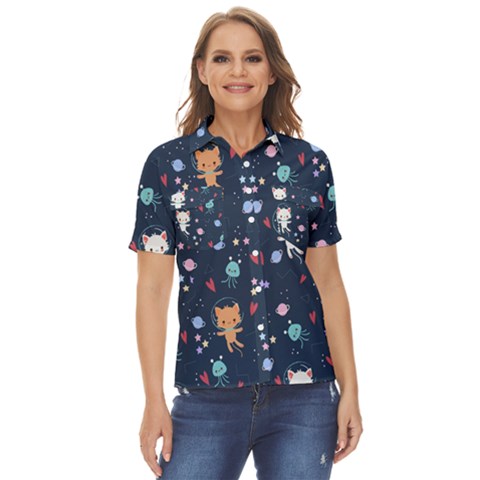 Cute-astronaut-cat-with-star-galaxy-elements-seamless-pattern Women s Short Sleeve Double Pocket Shirt by Salman4z