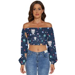 Cute-astronaut-cat-with-star-galaxy-elements-seamless-pattern Long Sleeve Crinkled Weave Crop Top by Salman4z