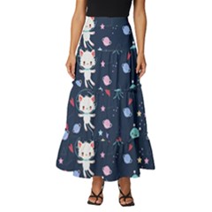 Cute-astronaut-cat-with-star-galaxy-elements-seamless-pattern Tiered Ruffle Maxi Skirt by Salman4z