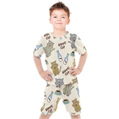 Happy-cats-pattern-background Kids  Tee And Shorts Set by Salman4z