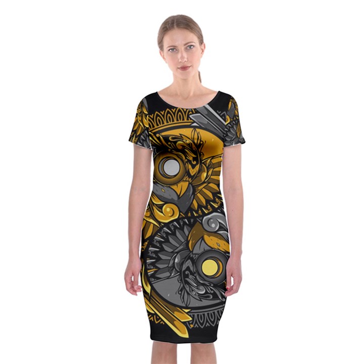 Yin-yang-owl-doodle-ornament-illustration Classic Short Sleeve Midi Dress