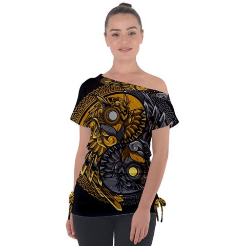 Yin-yang-owl-doodle-ornament-illustration Off Shoulder Tie-up Tee by Salman4z