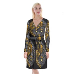 Yin-yang-owl-doodle-ornament-illustration Long Sleeve Velvet Front Wrap Dress