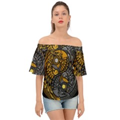 Yin-yang-owl-doodle-ornament-illustration Off Shoulder Short Sleeve Top by Salman4z