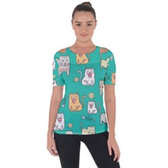 Seamless-pattern-cute-cat-cartoon-with-hand-drawn-style Shoulder Cut Out Short Sleeve Top by Salman4z