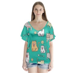 Seamless-pattern-cute-cat-cartoon-with-hand-drawn-style V-neck Flutter Sleeve Top by Salman4z