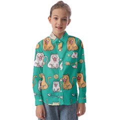 Seamless-pattern-cute-cat-cartoon-with-hand-drawn-style Kids  Long Sleeve Shirt by Salman4z