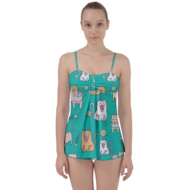 Seamless-pattern-cute-cat-cartoon-with-hand-drawn-style Babydoll Tankini Set