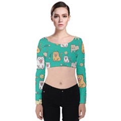 Seamless-pattern-cute-cat-cartoon-with-hand-drawn-style Velvet Long Sleeve Crop Top