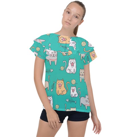 Seamless-pattern-cute-cat-cartoon-with-hand-drawn-style Ruffle Collar Chiffon Blouse by Salman4z