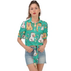 Seamless-pattern-cute-cat-cartoon-with-hand-drawn-style Tie Front Shirt  by Salman4z