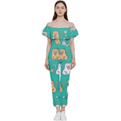 Seamless-pattern-cute-cat-cartoon-with-hand-drawn-style Off Shoulder Ruffle Top Jumpsuit by Salman4z