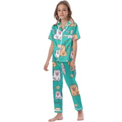 Seamless-pattern-cute-cat-cartoon-with-hand-drawn-style Kids  Satin Short Sleeve Pajamas Set by Salman4z